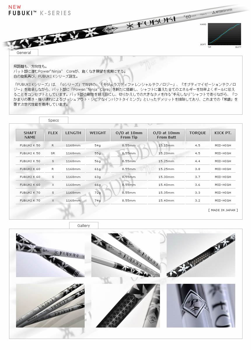 三菱レイヨン FUBUKI K SERIES シャフト単品 フブキ K シリーズ K50 / K60 / K70 日本仕様-GolfProtection