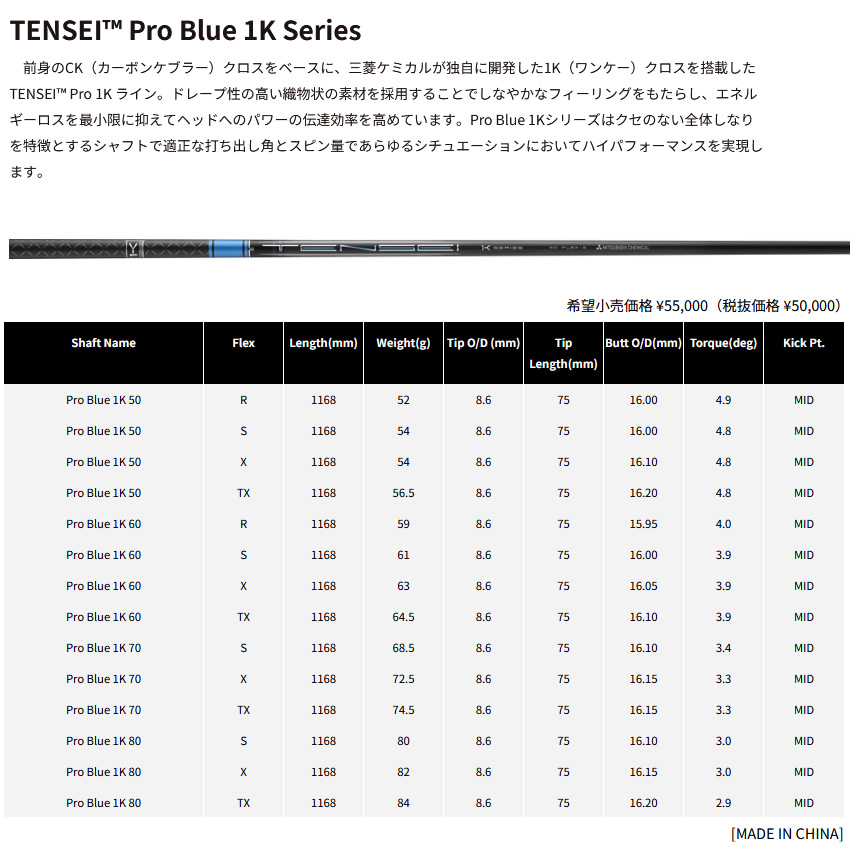 日本仕様 三菱ケミカル TENSEI Pro Blue 1K テンセイ プロ ブルー 1K 
