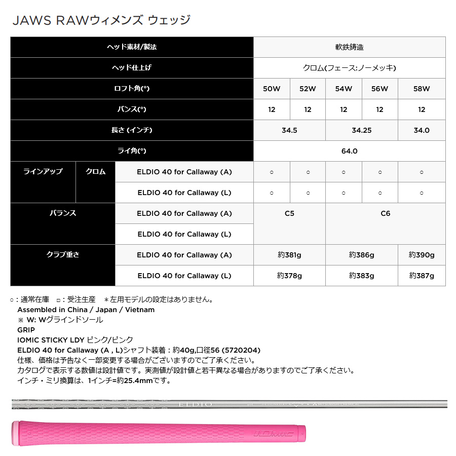 女性用 日本仕様 キャロウェイ JAWS RAW ウェッジ 純正カーボン